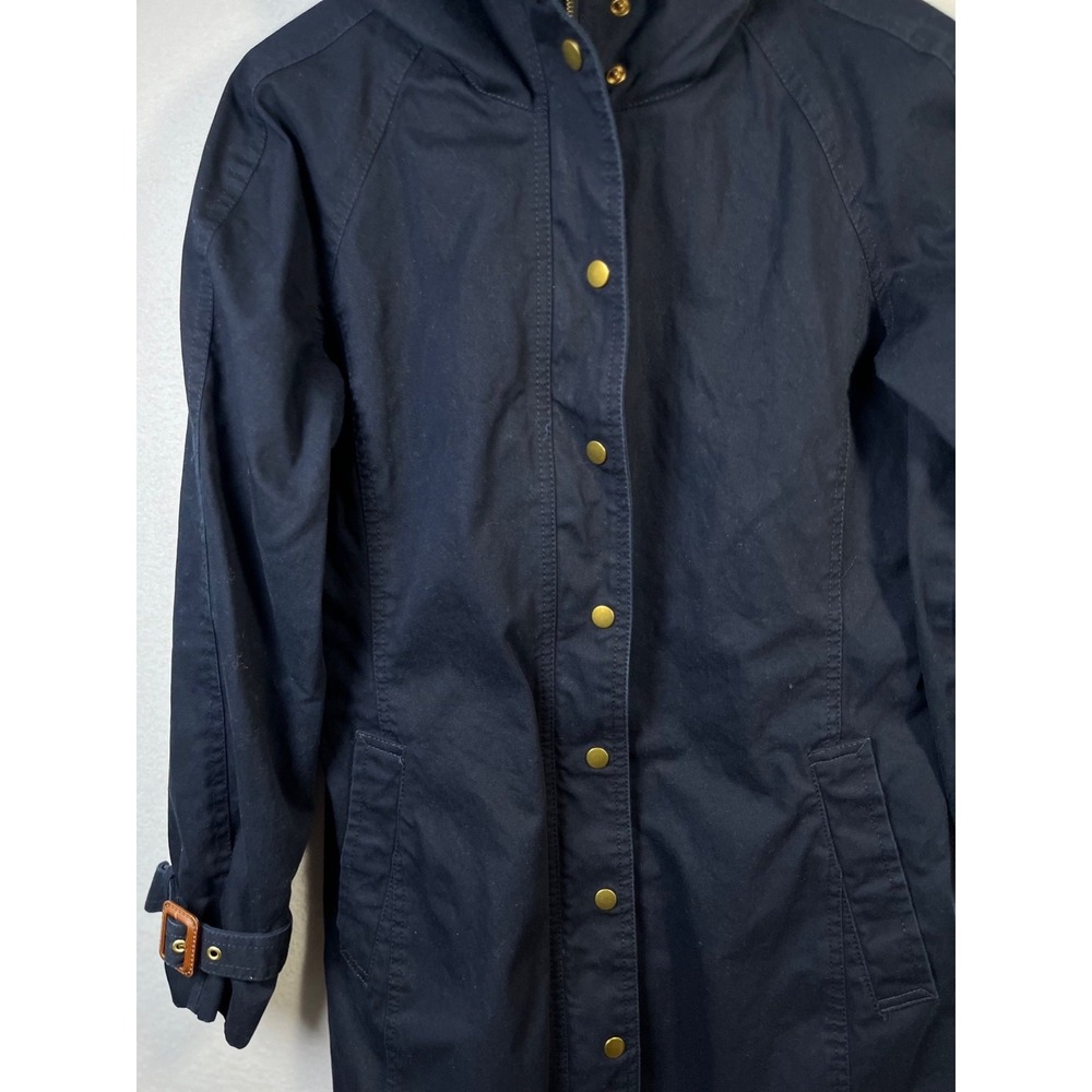 Banana Republic SMALL Navy Blue Hooded Twill Coat Zip Snap Below Knee Belt - Picture 2 of 10